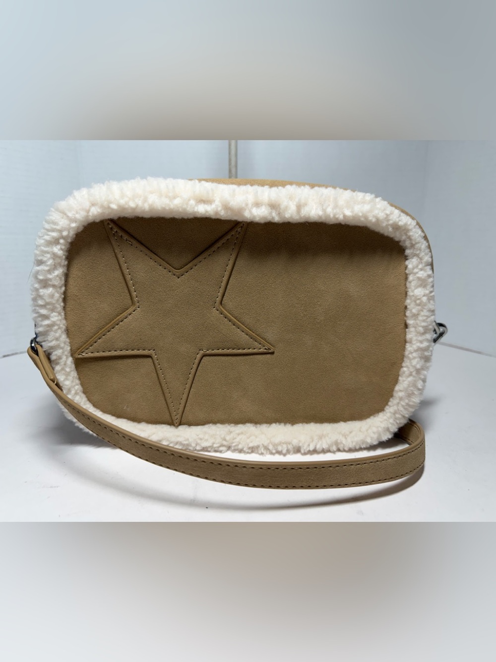 Pink Lily Star Brown Suede & White Shearling Trim Crossbody